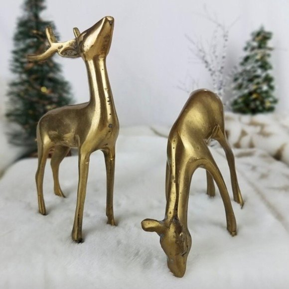 Vintage Brass Deer Set Winter Holiday MidMod Decor